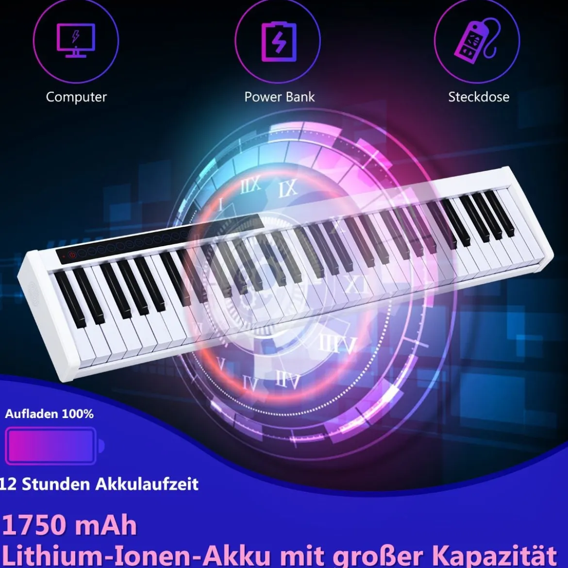 61-Tasten-Digitalpiano hochwertiges mit Tragetasche elektronisches Keyboard 88,5 x 18 x 6,5 cm Weiß