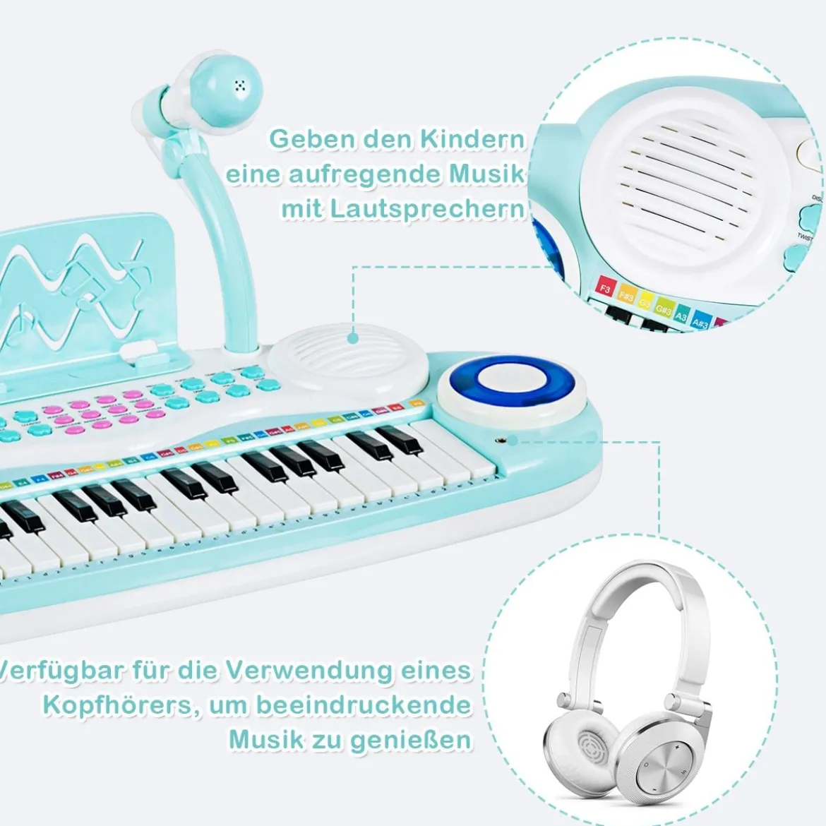 37 Tasten Digital-Piano Kinder Keyboard Klaviertastatur mit Mikrofon 48 x 20 x 38 cm Blau