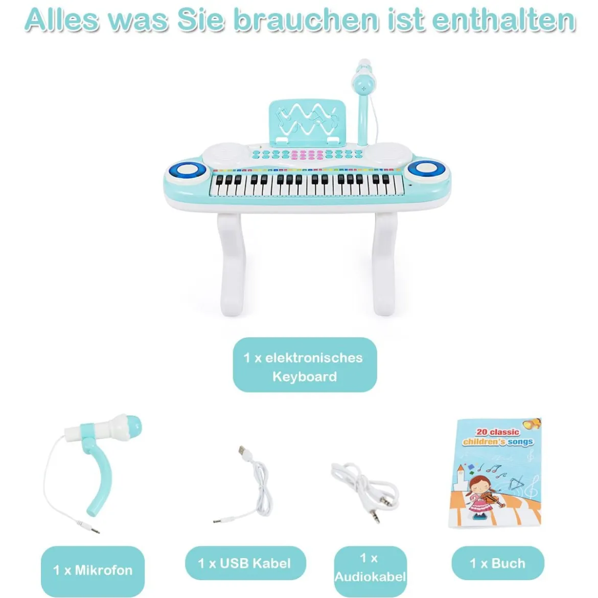 37 Tasten Digital-Piano Kinder Keyboard Klaviertastatur mit Mikrofon 48 x 20 x 38 cm Blau