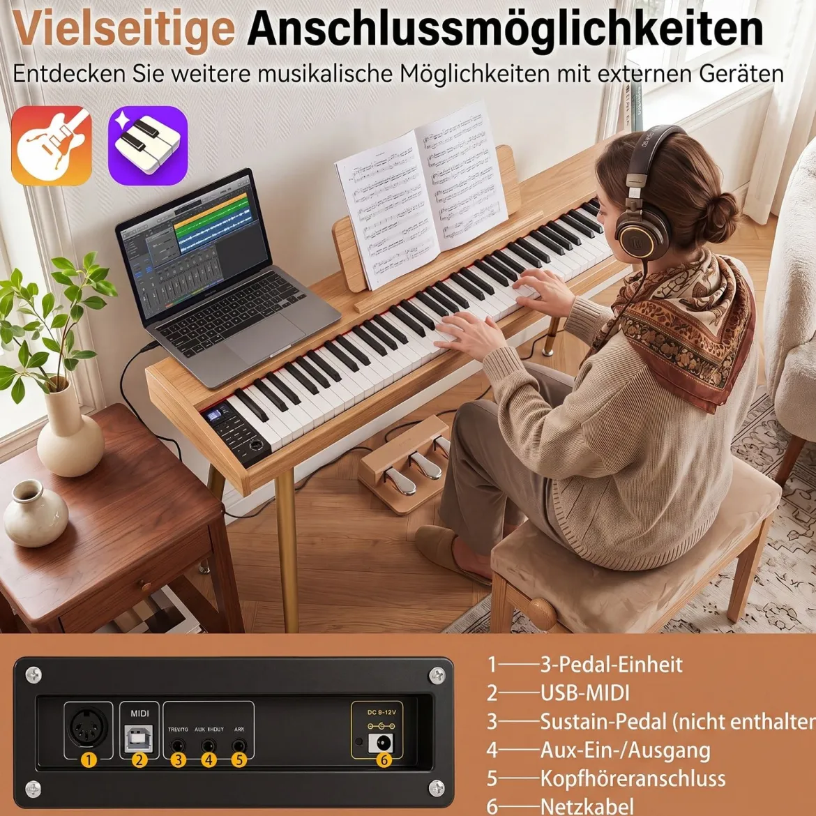 88 Tasten Digitalpiano mit Ständer E-Piano mit Halbgewichteter Tastatur 3 Pedalen 80 Demos