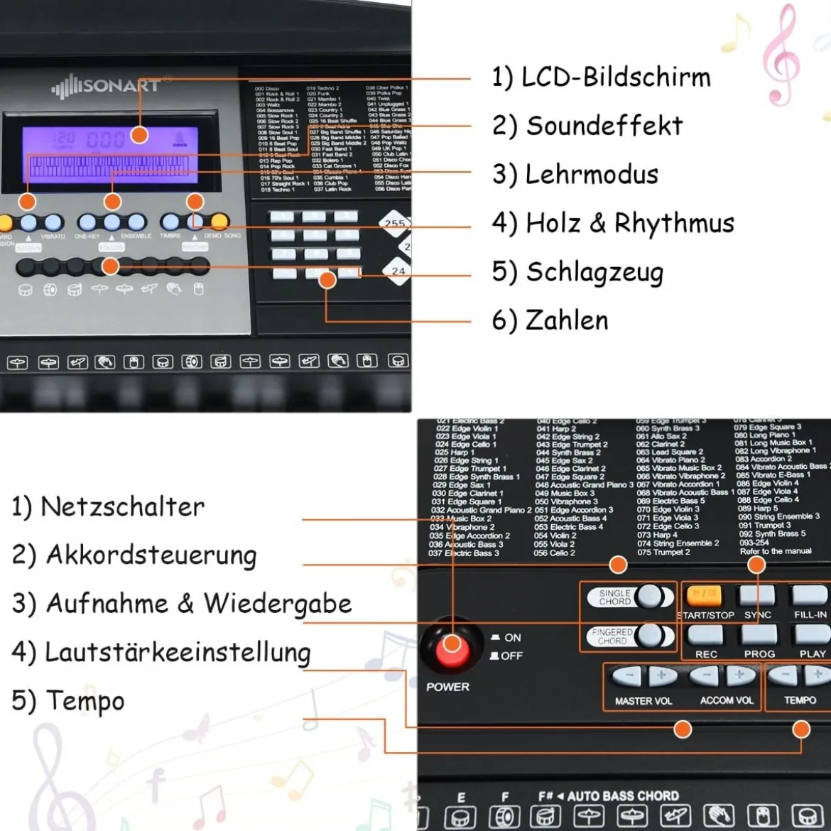 61-Tasten-Elektroklavier tragbares Musikinstrument Digitale Keyboard Schwarz + Weiß