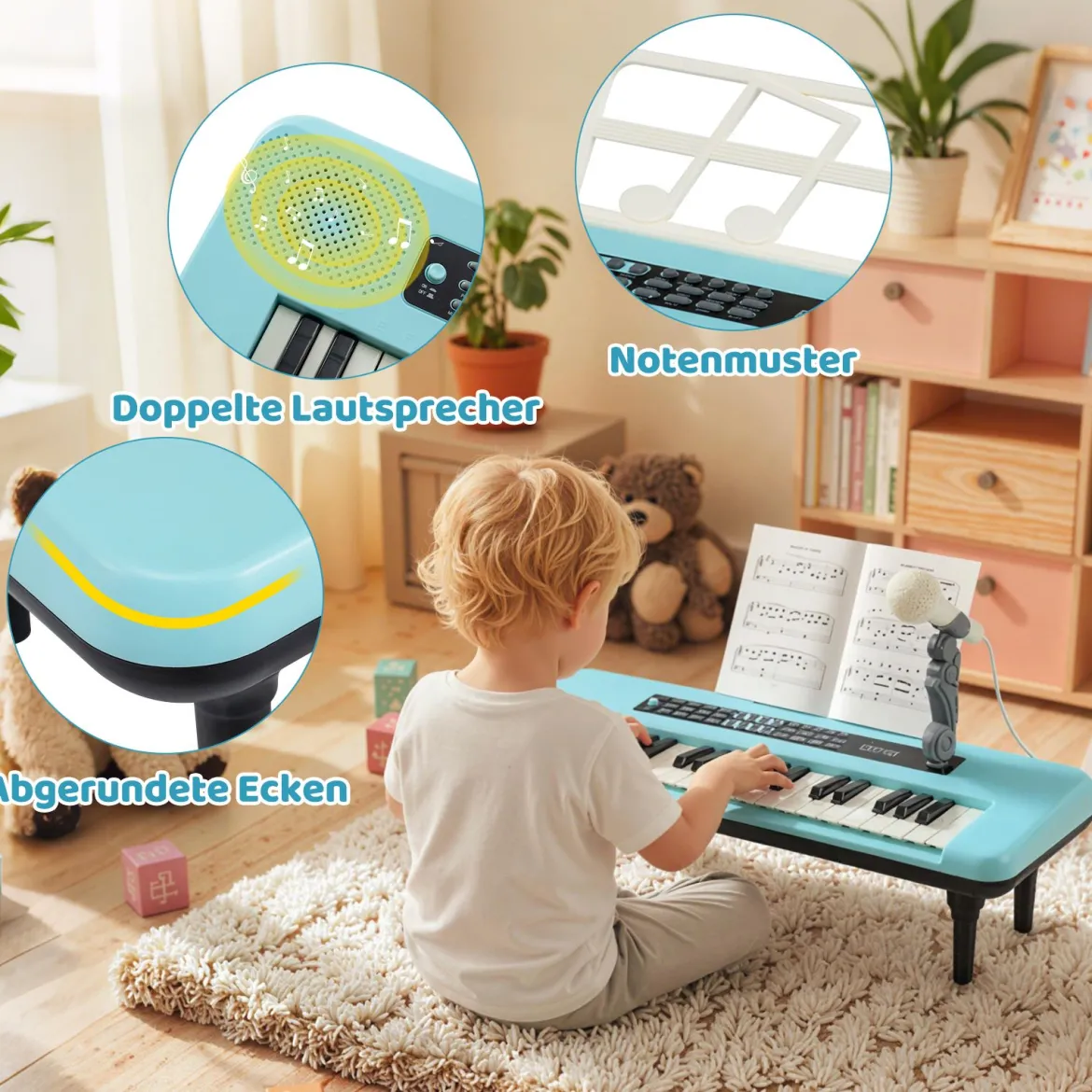 37 Tasten Elektronisches Klavier mit Mikrofon & Notenständer & Abnehmbare Beine Digitalpiano Blau