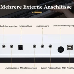 88 Tasten E-Piano mit Verstellbarem Ständer & Hocker & Sustain-Pedal Keyboard Weiß