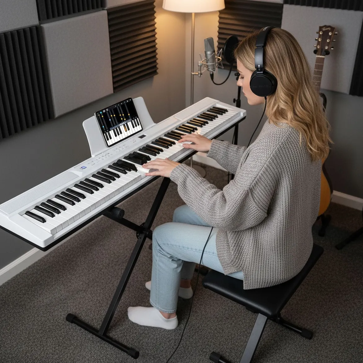 88 Tasten E-Piano mit Verstellbarem Ständer & Hocker & Sustain-Pedal Keyboard Weiß