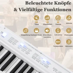 88 Tasten E-Piano mit Verstellbarem Ständer & Hocker & Sustain-Pedal Keyboard Weiß
