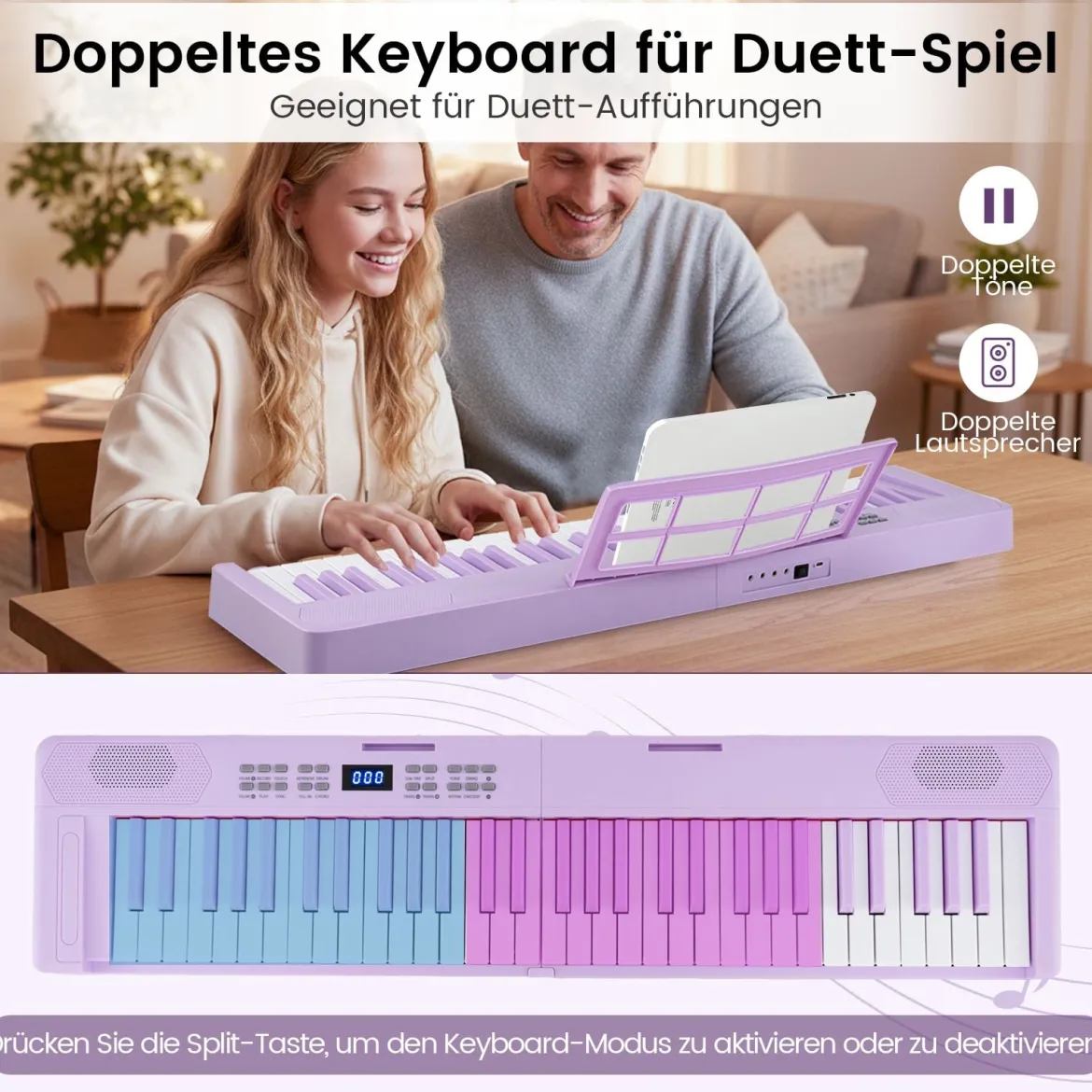 61-Tasten faltbares Klavierkeyboard vollwertiges elektronisches Keyboard mit MIDI- & Split-Funktion Lila