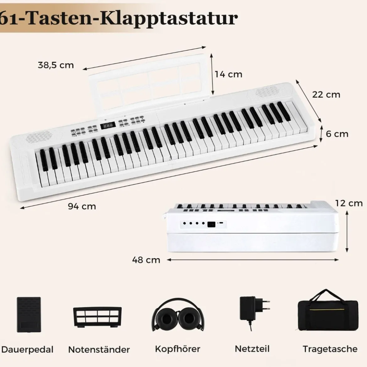 61-Tasten faltbares Klavierkeyboard vollwertiges elektronisches Keyboard mit MIDI- & Split-Funktion Weiß