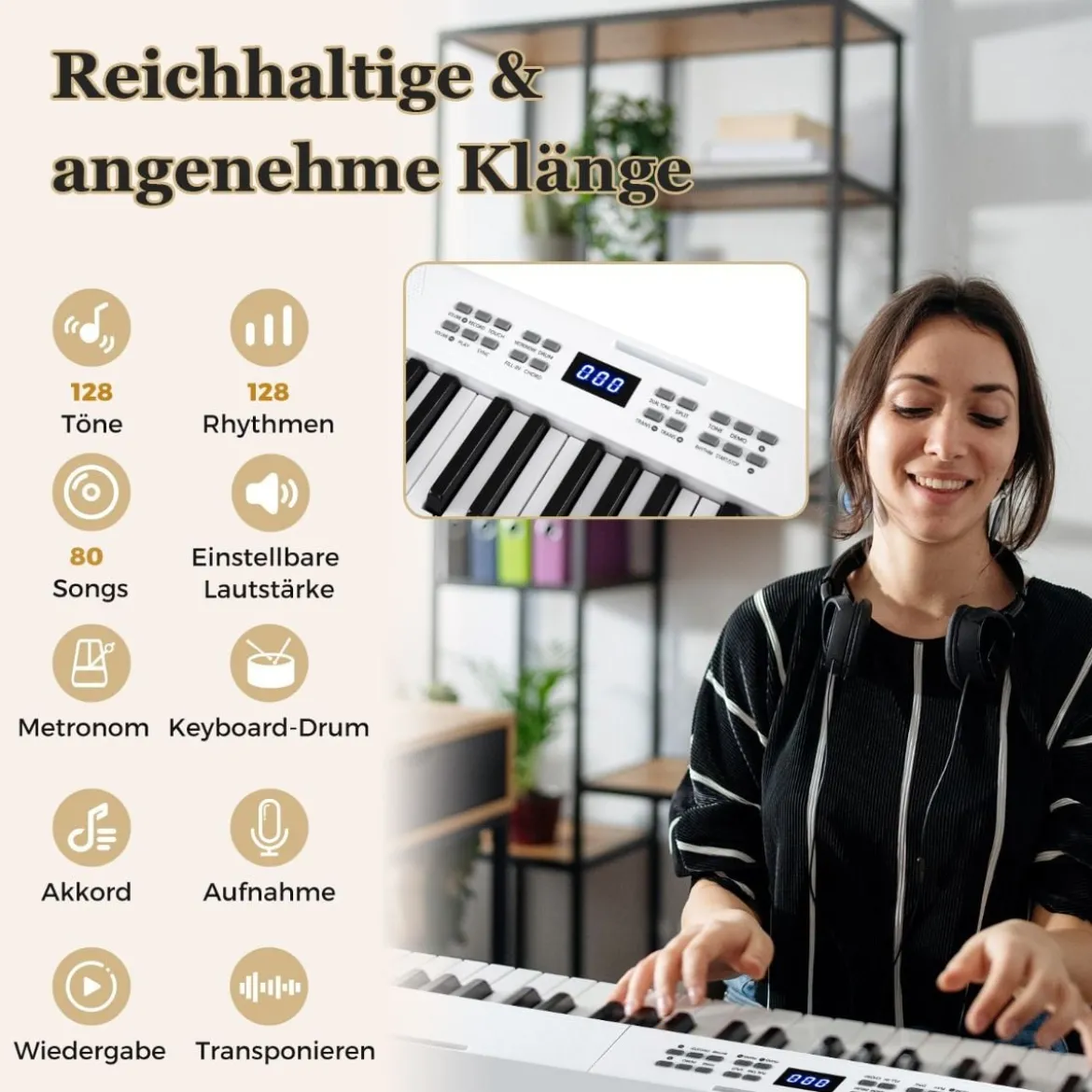 61-Tasten faltbares Klavierkeyboard vollwertiges elektronisches Keyboard mit MIDI- & Split-Funktion Weiß