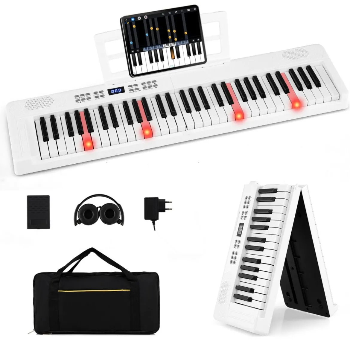 61-Tasten faltbares Klavierkeyboard vollwertiges elektronisches Keyboard mit MIDI- & Split-Funktion Weiß