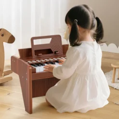 25 Tasten Keyboard Kinder Mini Digitales Klavier Holzspielzeug mit Einstellbarer Geschwindigkeit Braun