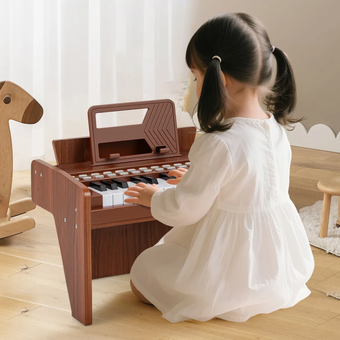 25 Tasten Keyboard Kinder Mini Digitales Klavier Holzspielzeug mit Einstellbarer Geschwindigkeit Braun