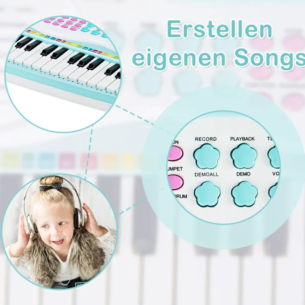 37 Tasten Kinder-Keyboard elektronisches Kinderklavier mit Licht Aufnahme & Abspiel Funktion Blau