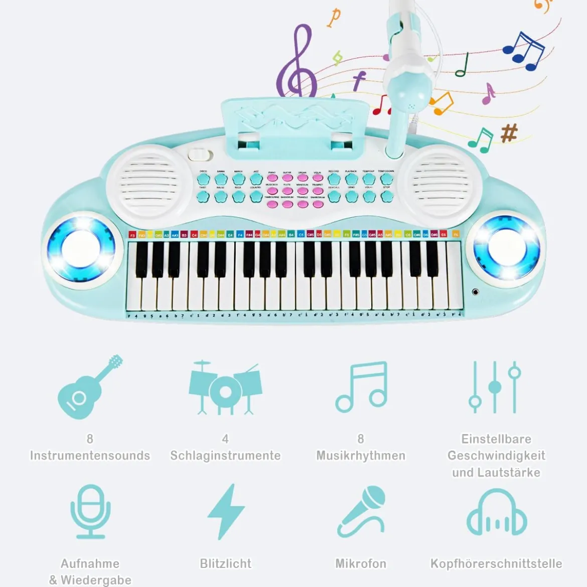 37 Tasten Kinder-Keyboard elektronisches Kinderklavier mit Licht Aufnahme & Abspiel Funktion Blau