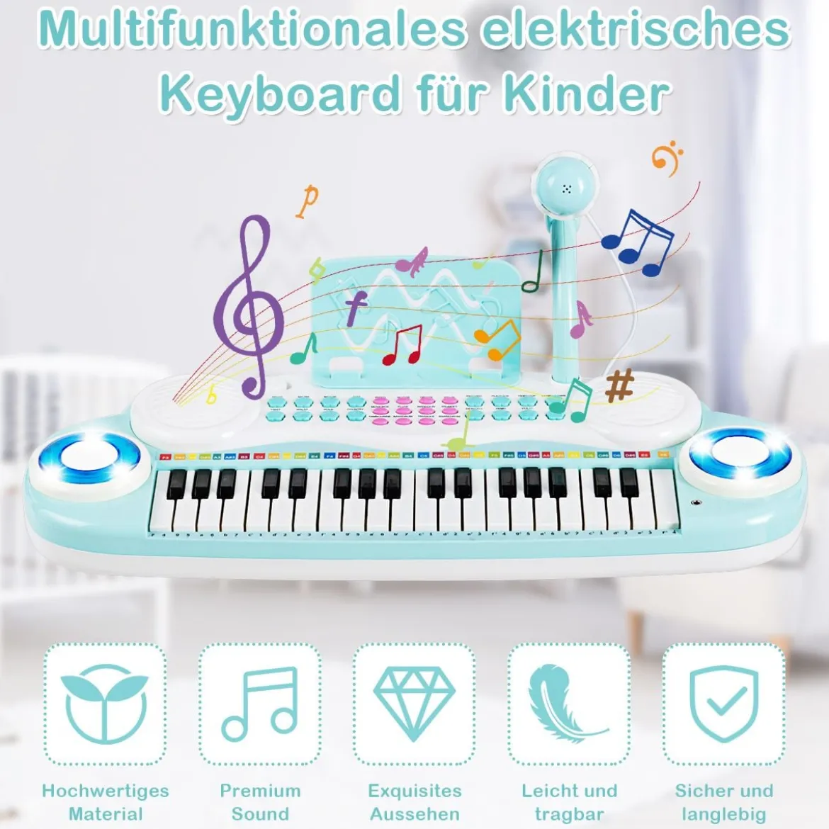 37 Tasten Kinder-Keyboard elektronisches Kinderklavier mit Licht Aufnahme & Abspiel Funktion Blau