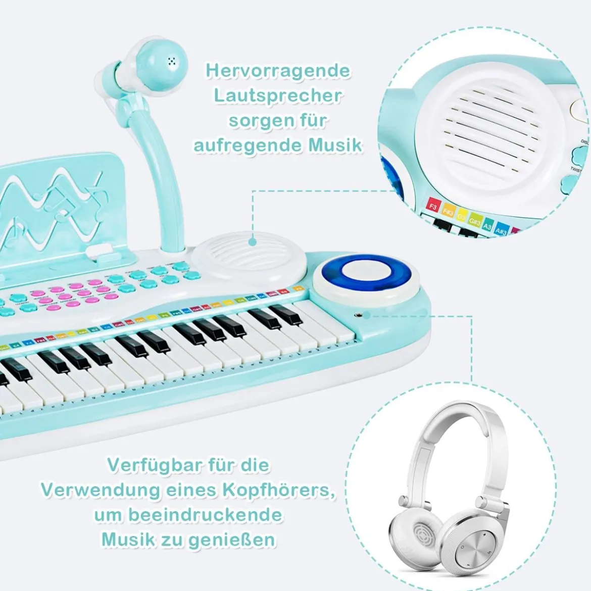 37 Tasten Kinder-Keyboard elektronisches Kinderklavier mit Licht Aufnahme & Abspiel Funktion Blau