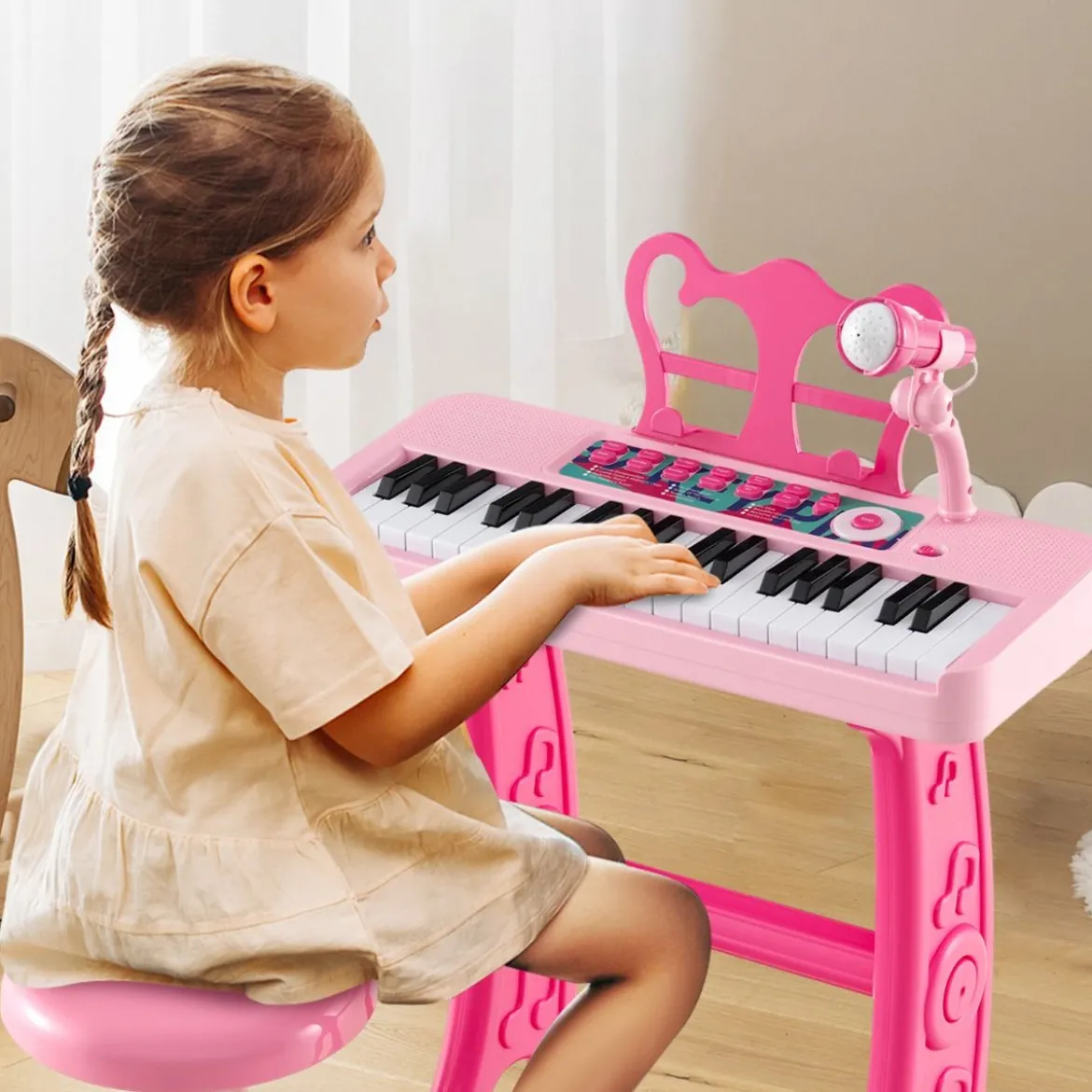 37 Tasten Kinder Keyboard Kinderklavier elektronisch mit Hocker Mikrofon & Notenständer Rosa