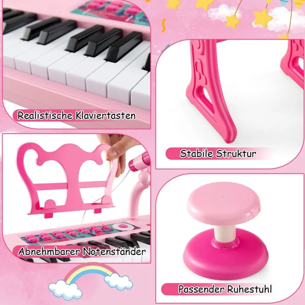 37 Tasten Kinder Keyboard Kinderklavier elektronisch mit Hocker Mikrofon & Notenständer Rosa