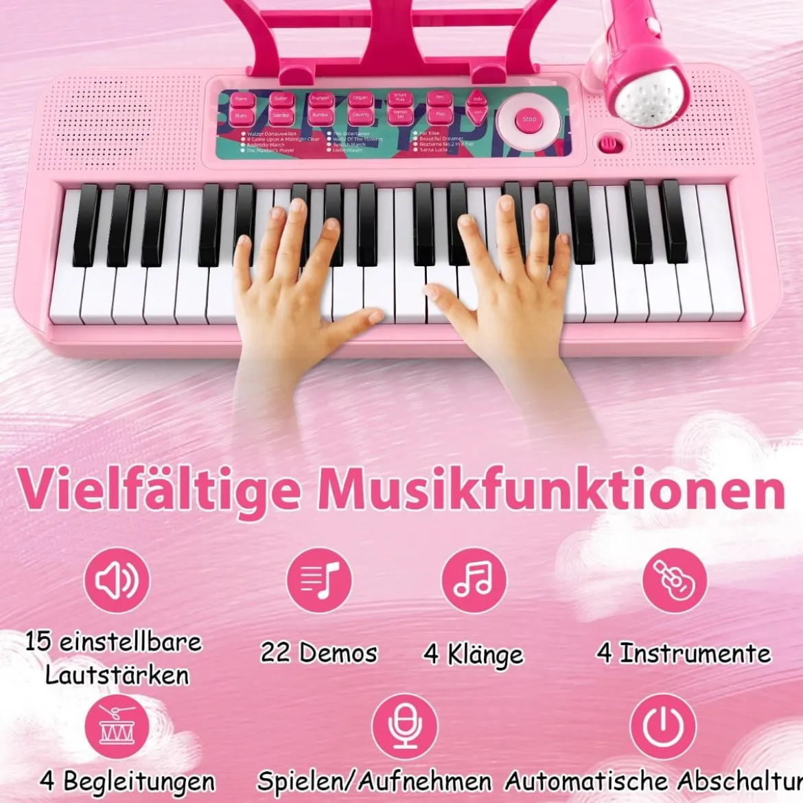 37 Tasten Kinder Keyboard Kinderklavier elektronisch mit Hocker Mikrofon & Notenständer Rosa
