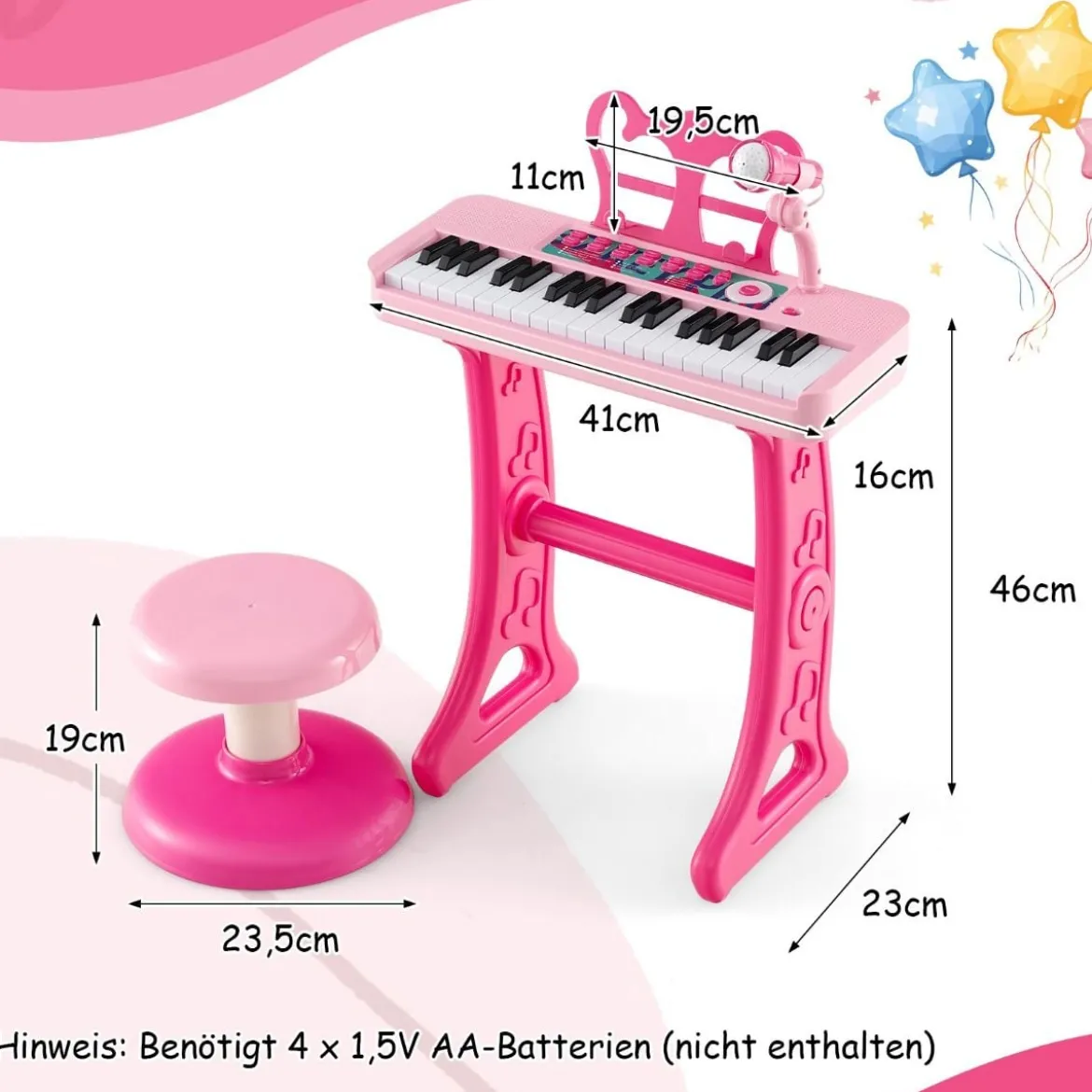 37 Tasten Kinder Keyboard Kinderklavier elektronisch mit Hocker Mikrofon & Notenständer Rosa