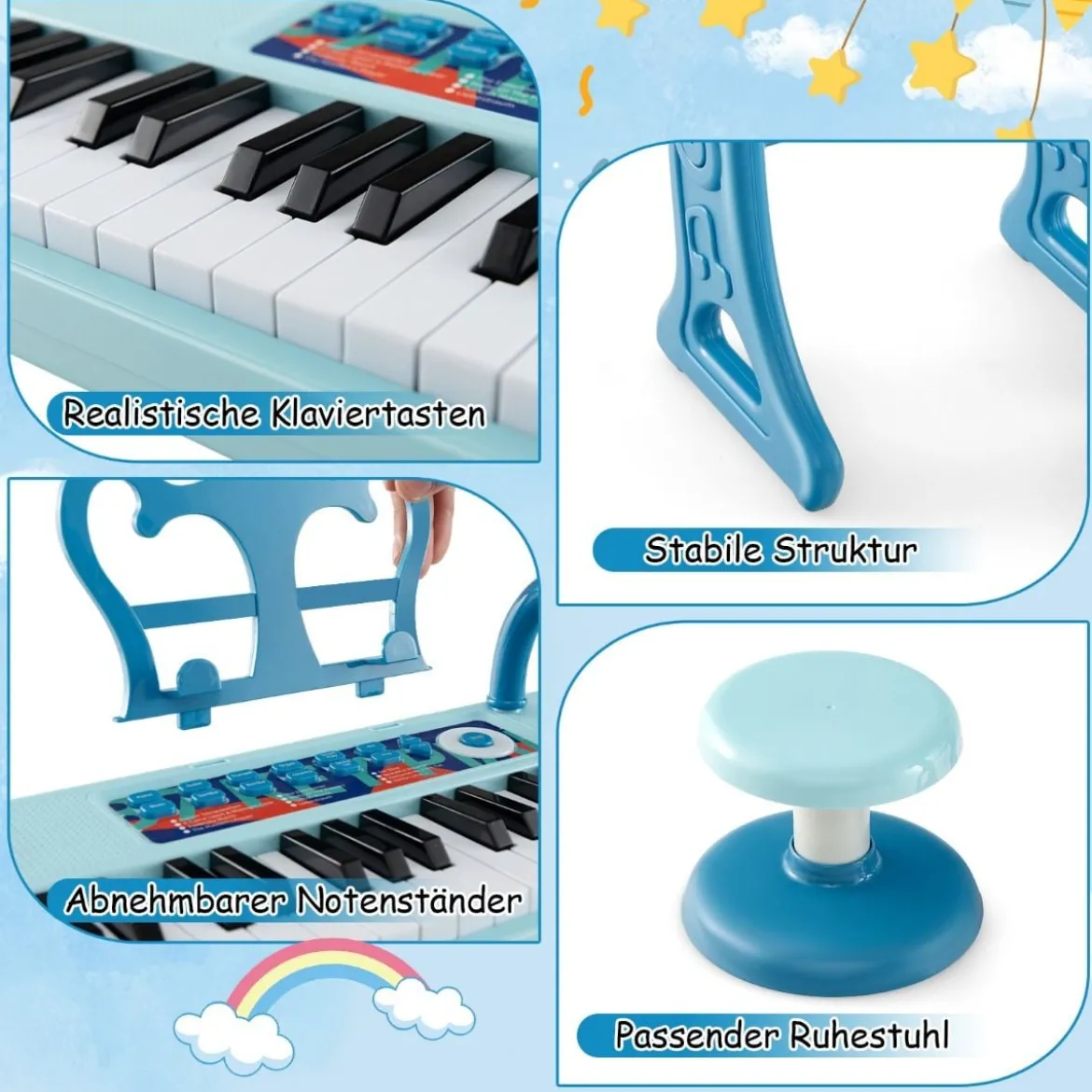 37 Tasten Kinder Keyboard Kinderklavier elektronisch mit Hocker Mikrofon & Notenständer Blau
