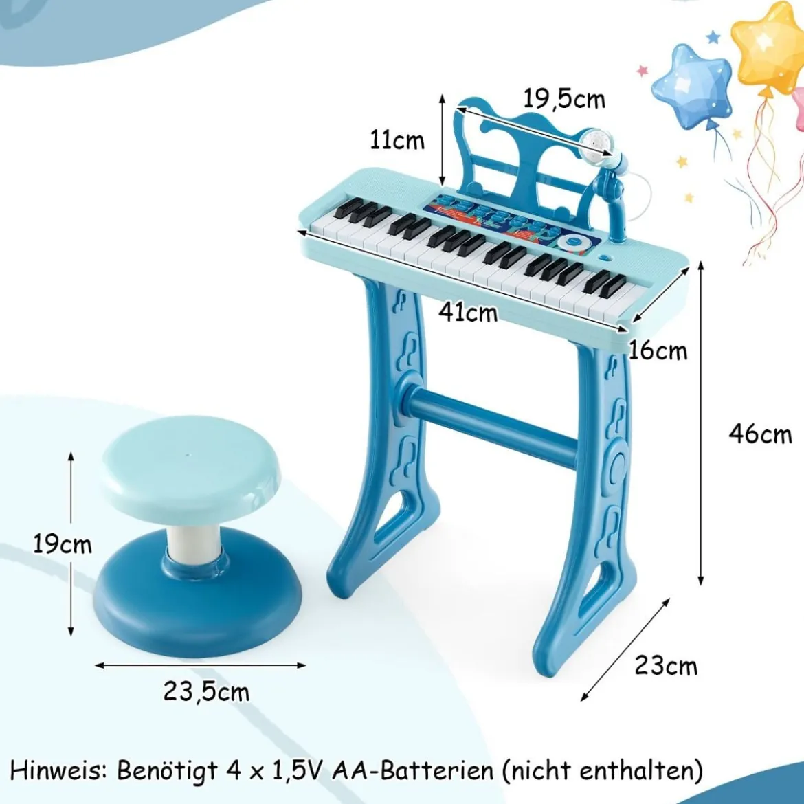 37 Tasten Kinder Keyboard Kinderklavier elektronisch mit Hocker Mikrofon & Notenständer Blau