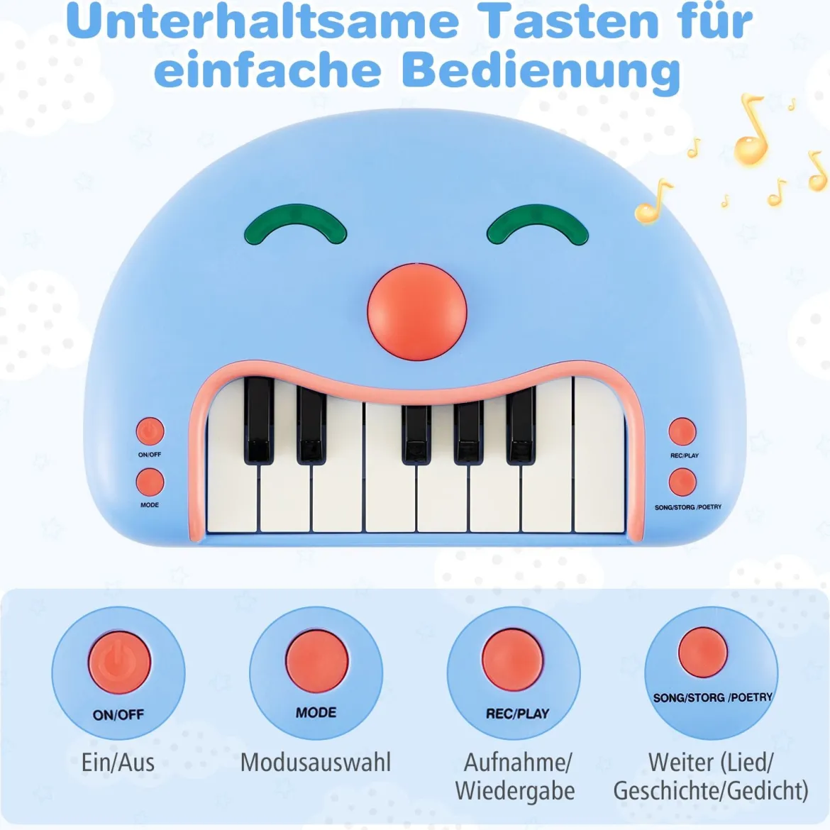 13-Tasten Kinder Keyboard mit Musik & Licht Baby Klavier Tragbares Musikinstrument Spielzeugklavier