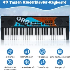 49 Tasten Kinder Klavier Keyboardmit 8 Rhythmen & 8 Klängen Tragbares Elektrisches Keyboard Schwarz