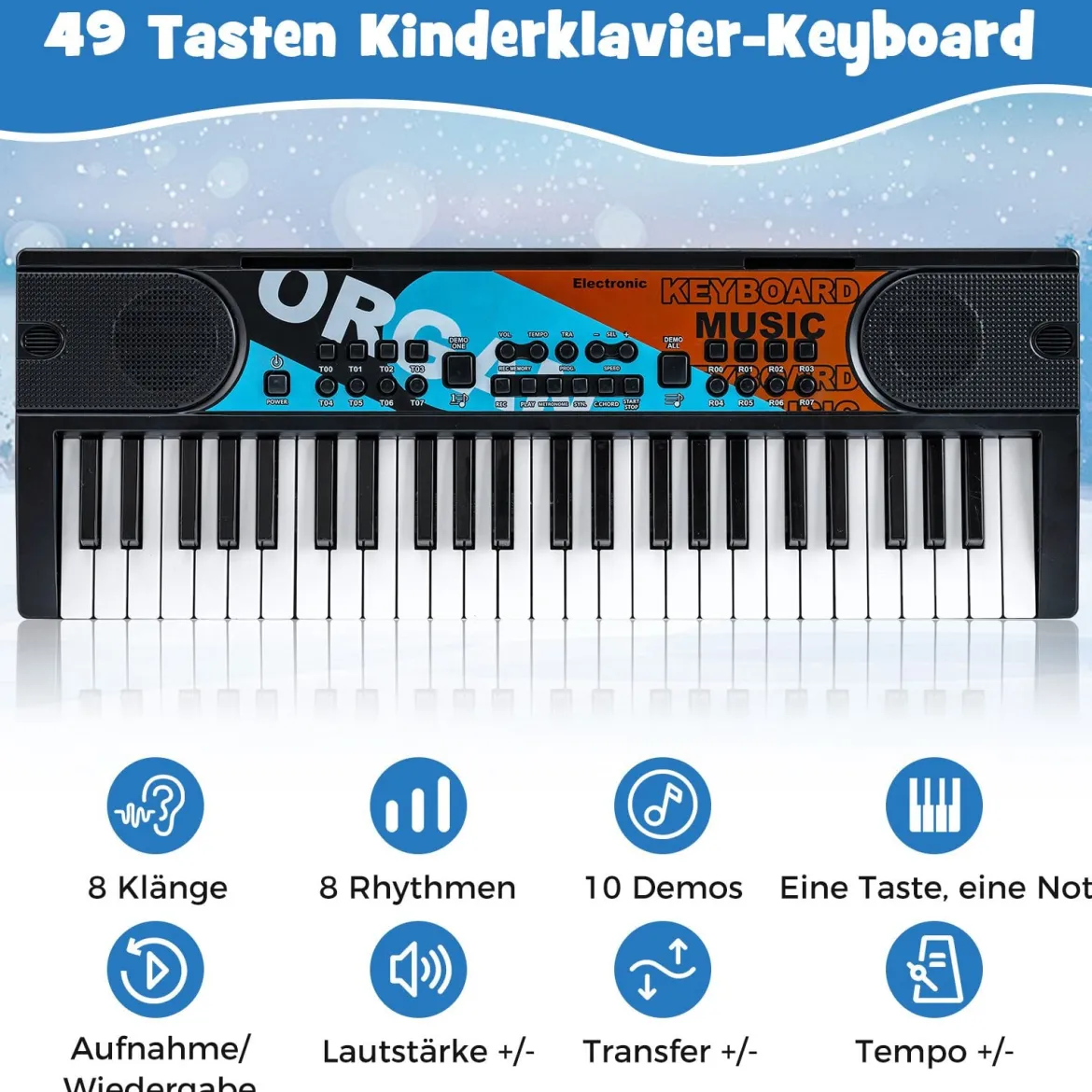 49 Tasten Kinder Klavier Keyboardmit 8 Rhythmen & 8 Klängen Tragbares Elektrisches Keyboard Schwarz
