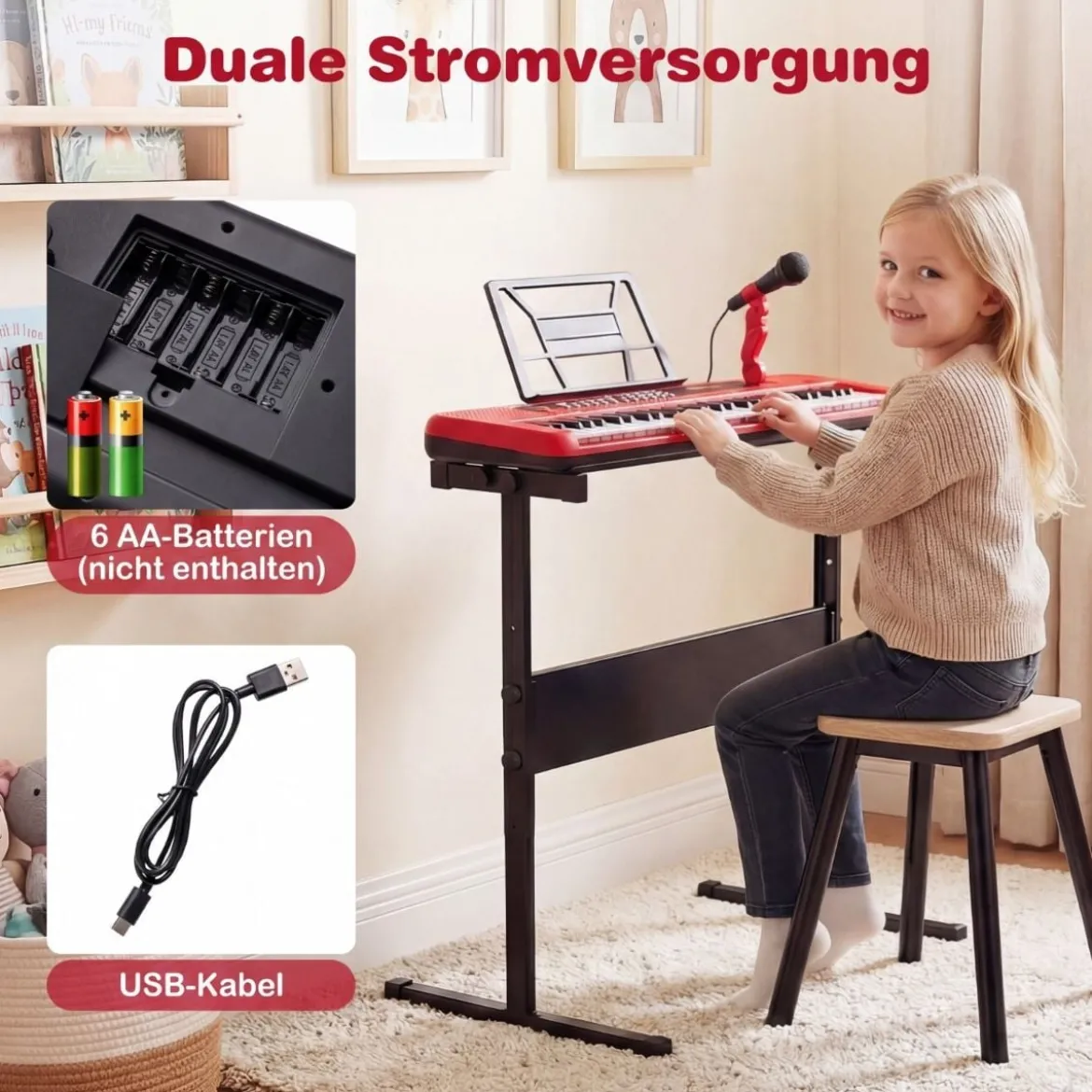 61 Tasten Kinder Piano Keyboard Innenmusikinstrument mit verstellbarem Ständer Mikrofon Rot