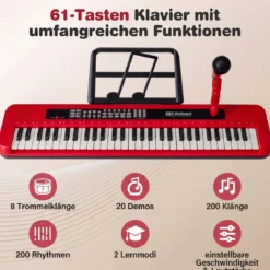 61 Tasten Kinder Piano Keyboard Innenmusikinstrument mit verstellbarem Ständer Mikrofon Rot