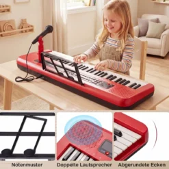 61 Tasten Kinder Piano Keyboard Innenmusikinstrument mit verstellbarem Ständer Mikrofon Rot