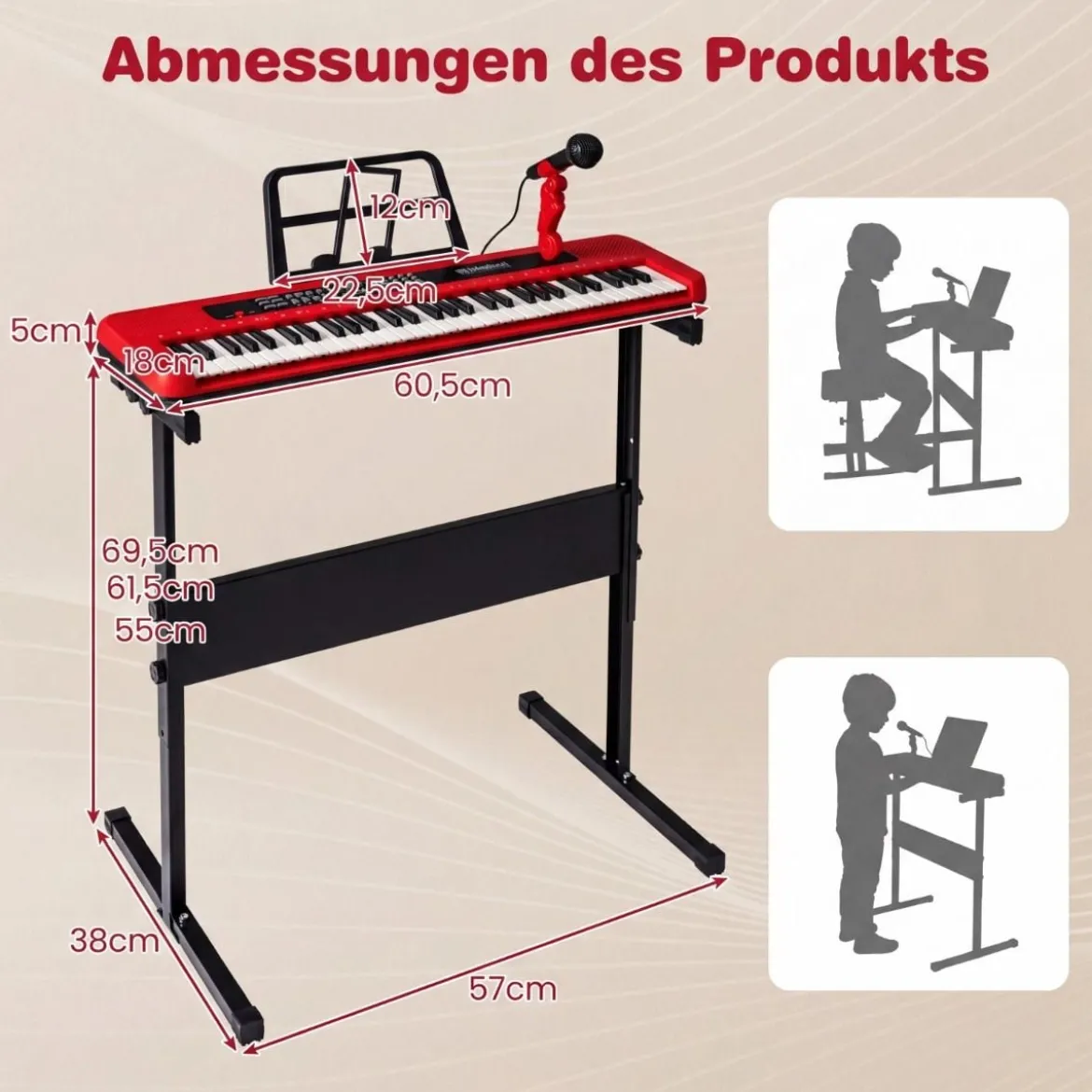 61 Tasten Kinder Piano Keyboard Innenmusikinstrument mit verstellbarem Ständer Mikrofon Rot