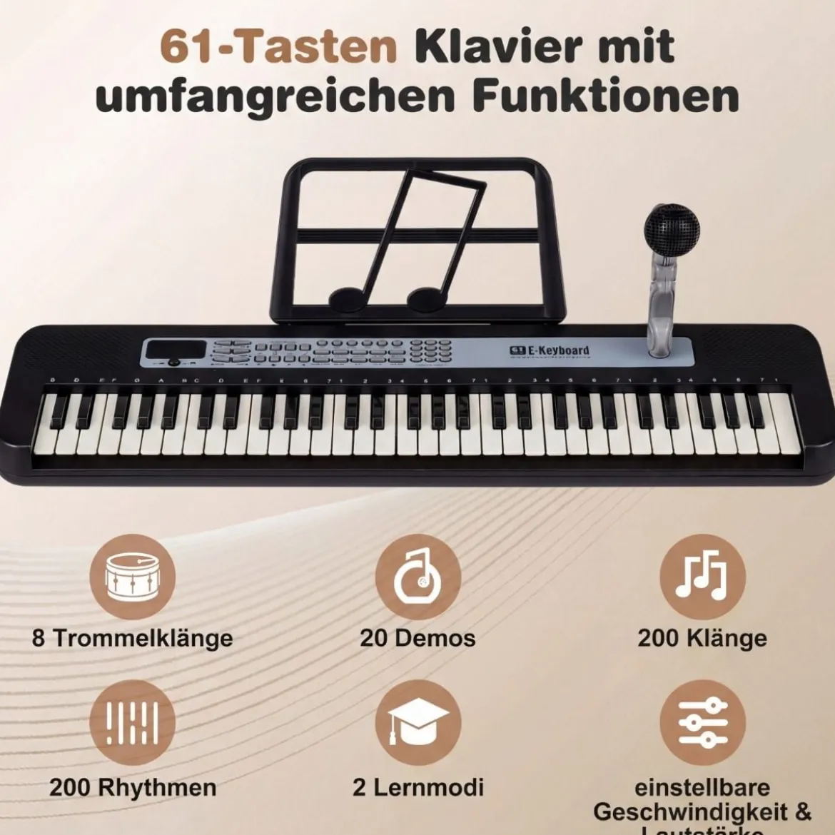 61 Tasten Kinder Piano Keyboard Innenmusikinstrument mit verstellbarem Ständer Mikrofon Schwarz