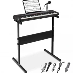 61 Tasten Kinder Piano Keyboard Innenmusikinstrument mit verstellbarem Ständer Mikrofon Schwarz