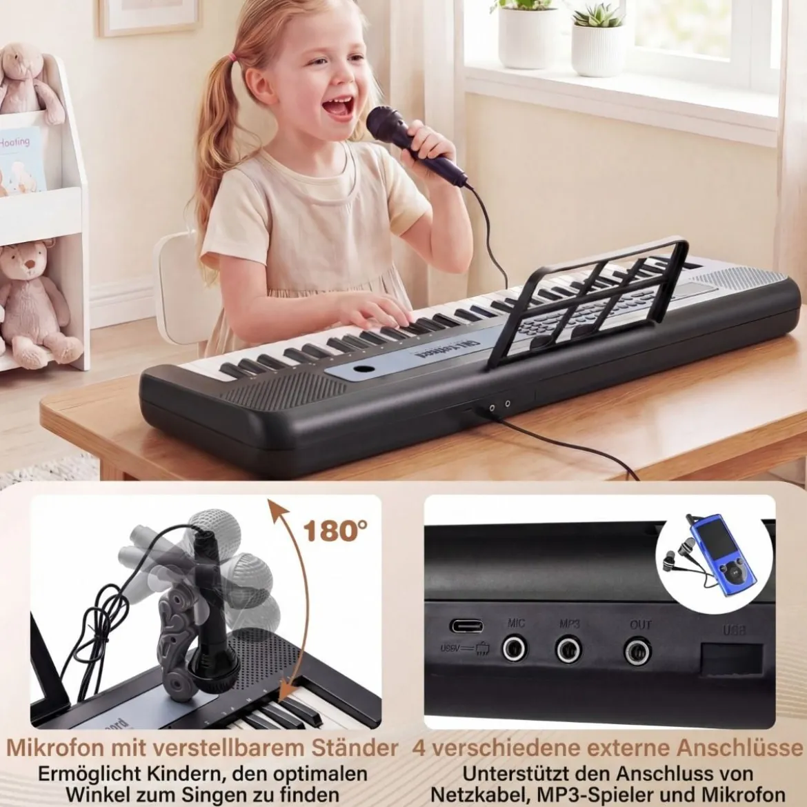 61 Tasten Kinder Piano Keyboard Innenmusikinstrument mit verstellbarem Ständer Mikrofon Schwarz