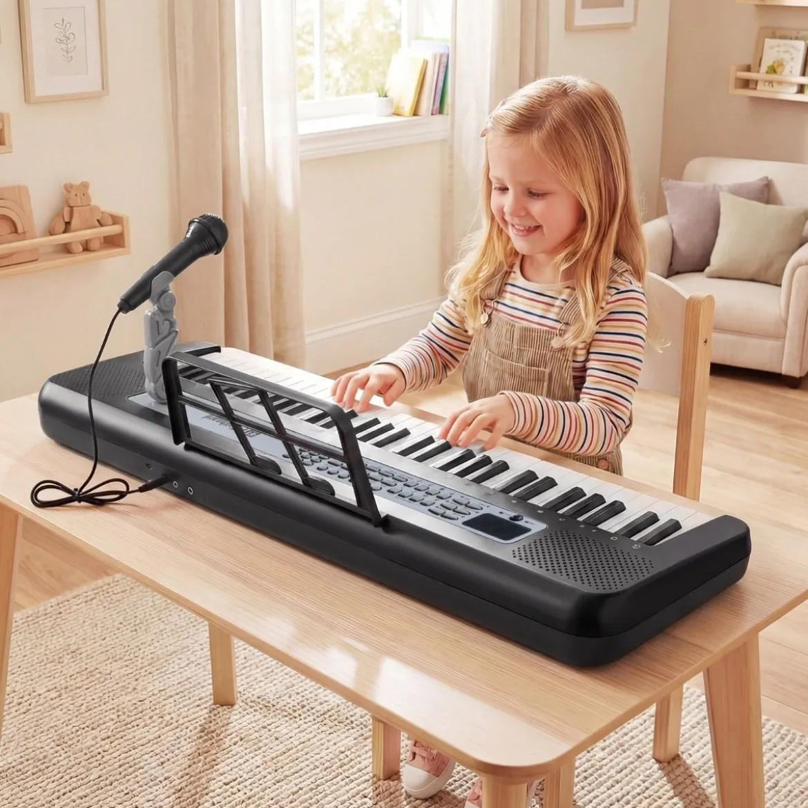 61 Tasten Kinder Piano Keyboard Innenmusikinstrument mit verstellbarem Ständer Mikrofon Schwarz