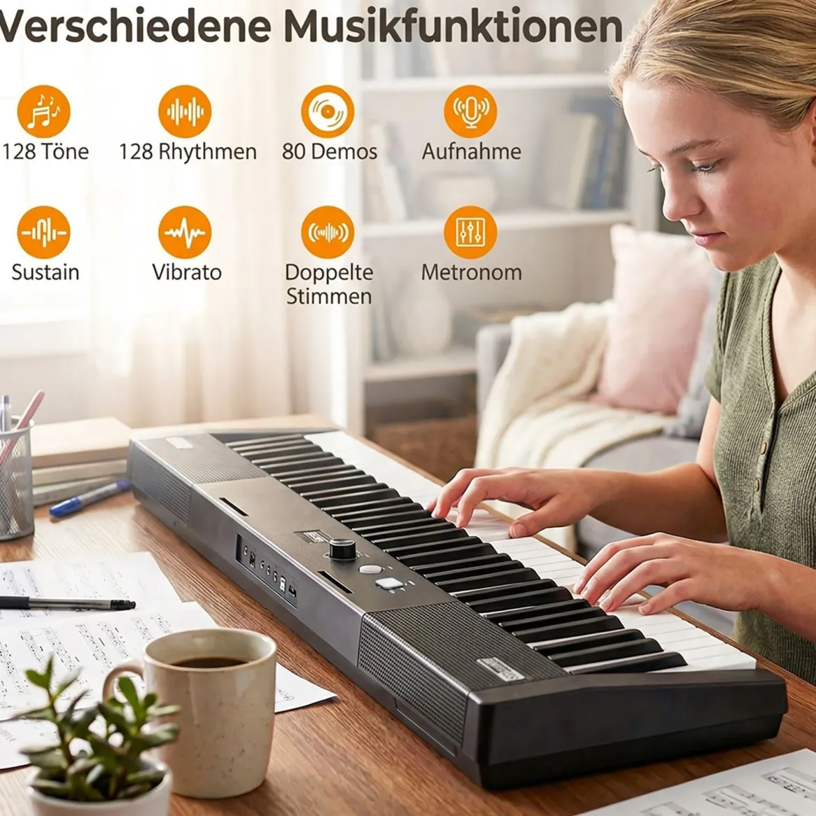 61 Tasten Klavier Keyboard Elektronisches Keyboard Set mit höhenverstellbarem Ständer Schwarz