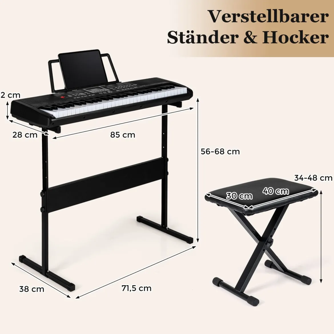 61 Tasten Klavier Keyboard für Anfänger Elektronisches Keyboard Set mit höhenverstellbarem Stativ Schwarz