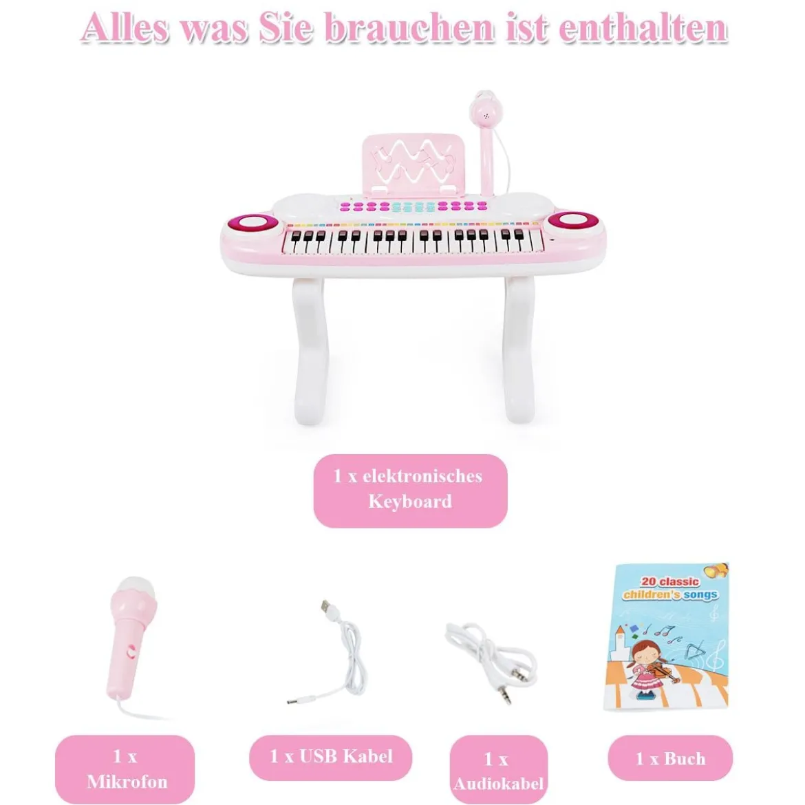 37 Tasten Klaviertastatur Kinder Keyboard mit Ständer pädagogische Keyboard 48 x 20 x 38 cm Rosa