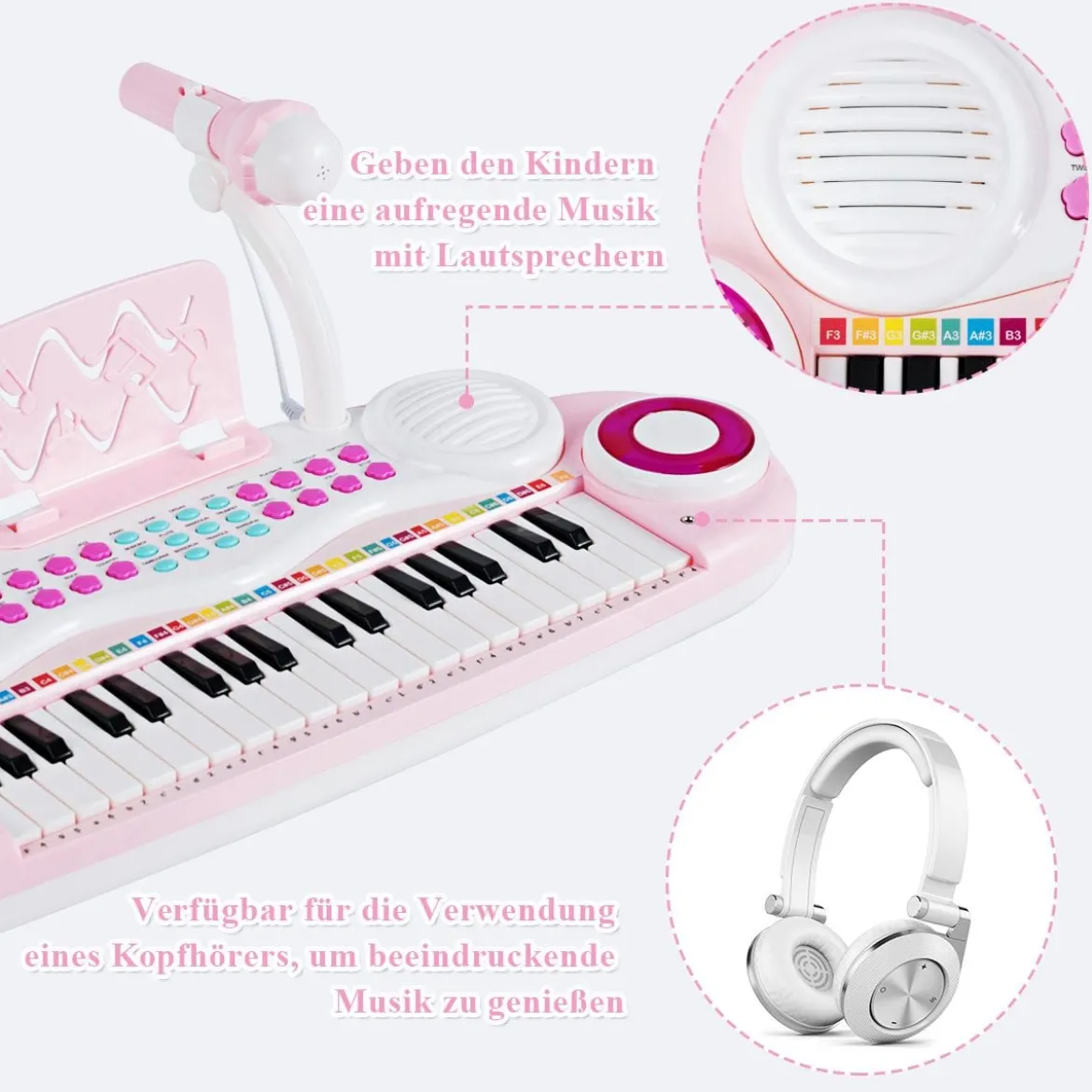 37 Tasten Klaviertastatur Kinder Keyboard mit Ständer pädagogische Keyboard 48 x 20 x 38 cm Rosa