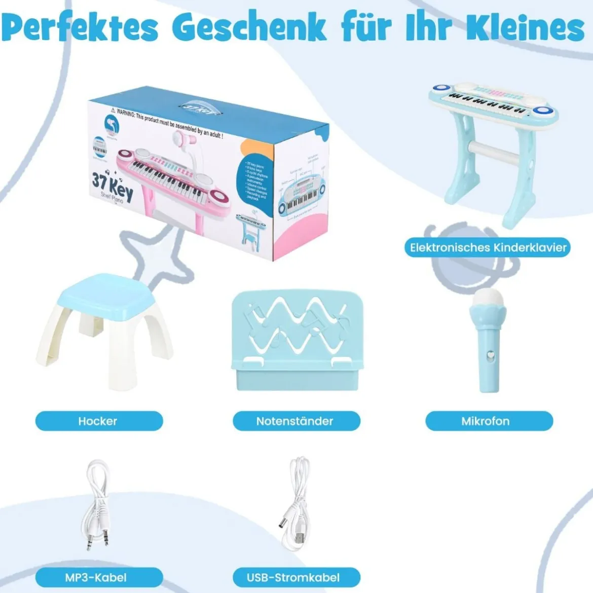 37 Tasten Klaviertastatur mit Licht Elektro Kinder Keyboard Aufnahme & Wiedergabe Spielzeugklavier