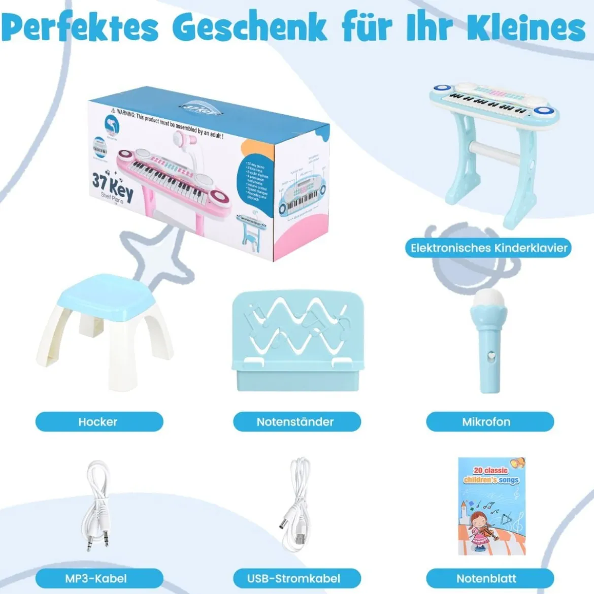 37 Tasten Klaviertastatur mit Licht Elektro Kinder Keyboard Aufnahme & Wiedergabe Spielzeugklavier