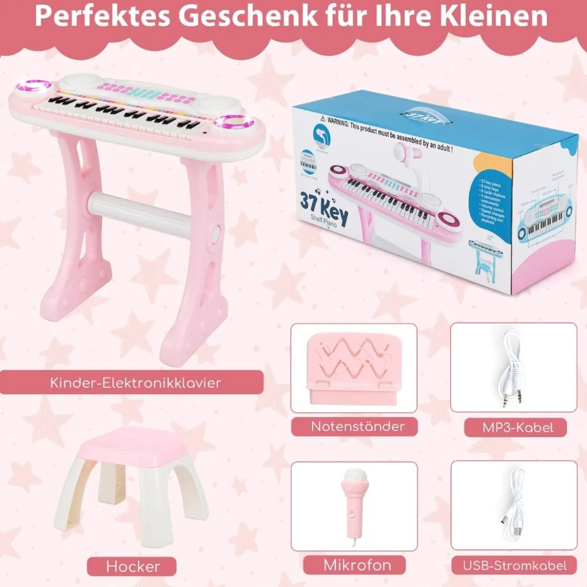 37 Tasten Klaviertastatur mit Licht Elektro Kinder Keyboard Aufnahme & Wiedergabe Spielzeugklavier