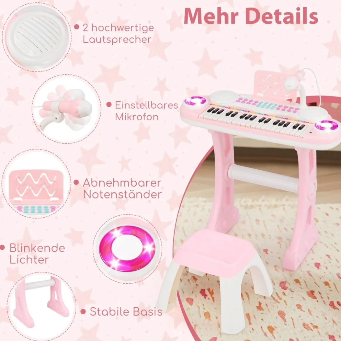 37 Tasten Klaviertastatur mit Licht Elektro Kinder Keyboard Aufnahme & Wiedergabe Spielzeugklavier
