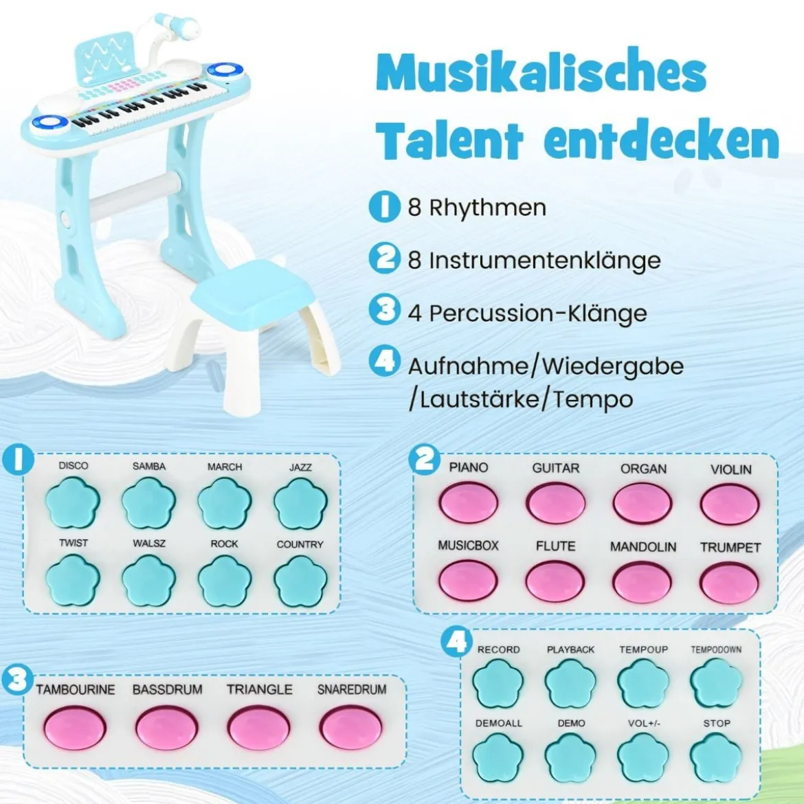 37 Tasten Klaviertastatur mit Licht Elektro Kinder Keyboard Aufnahme & Wiedergabe Spielzeugklavier