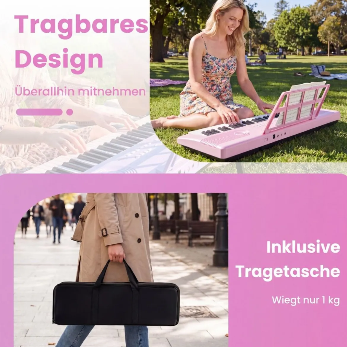 61 Tasten Piano Keyboard mit Ständer & Mikrofon & Tragetasche Digital Piano E-Piano Rosa