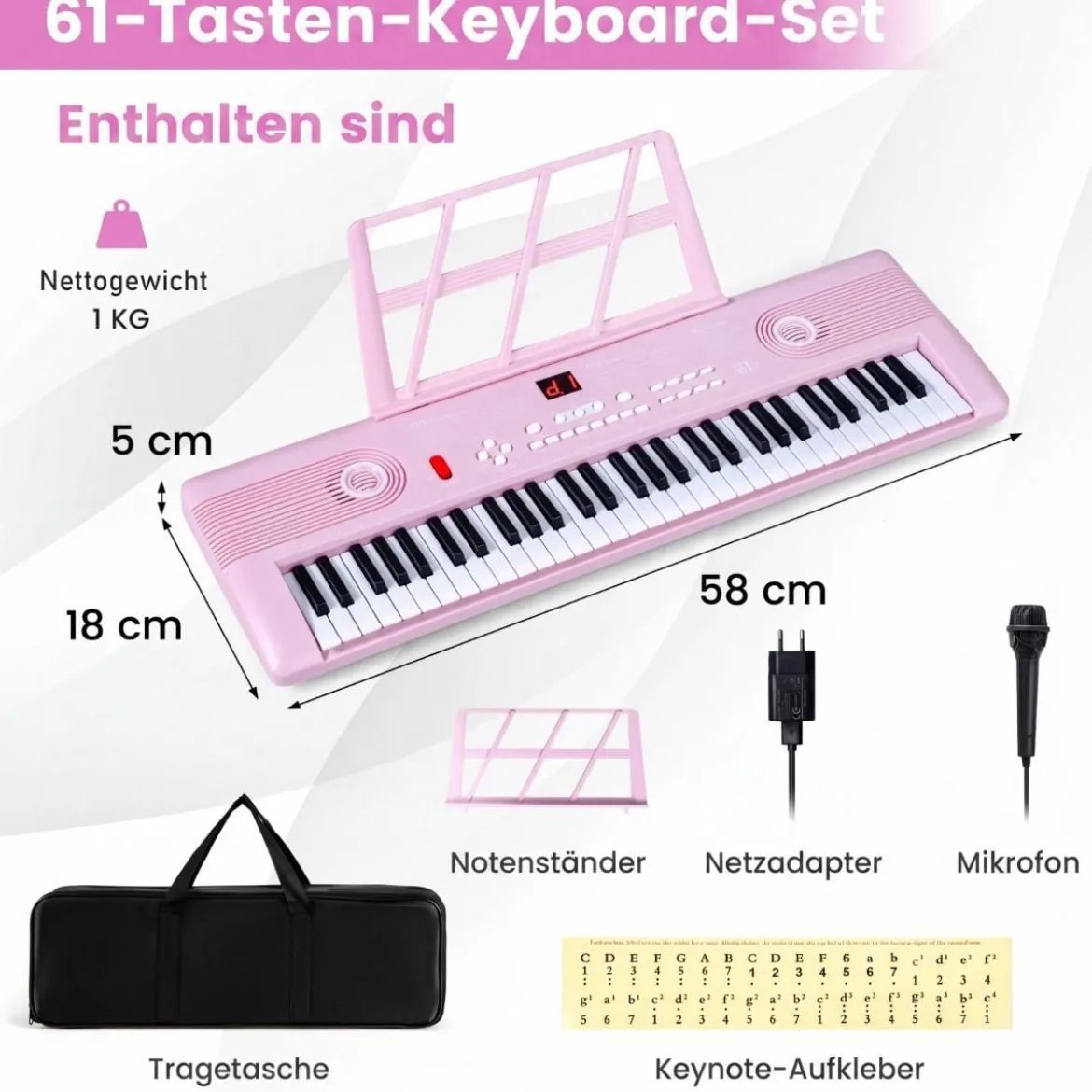 61 Tasten Piano Keyboard mit Ständer & Mikrofon & Tragetasche Digital Piano E-Piano Rosa