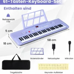 61 Tasten Piano Keyboard mit Ständer & Mikrofon & Tragetasche Digital Piano E-Piano Lila