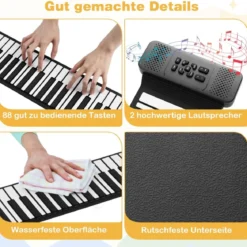 88 Tasten Roll-Up Klavier faltbares Klavierkeyboard mit 128 Rhythmen 128 Tönen & 14 Demos Schwarz + Weiß
