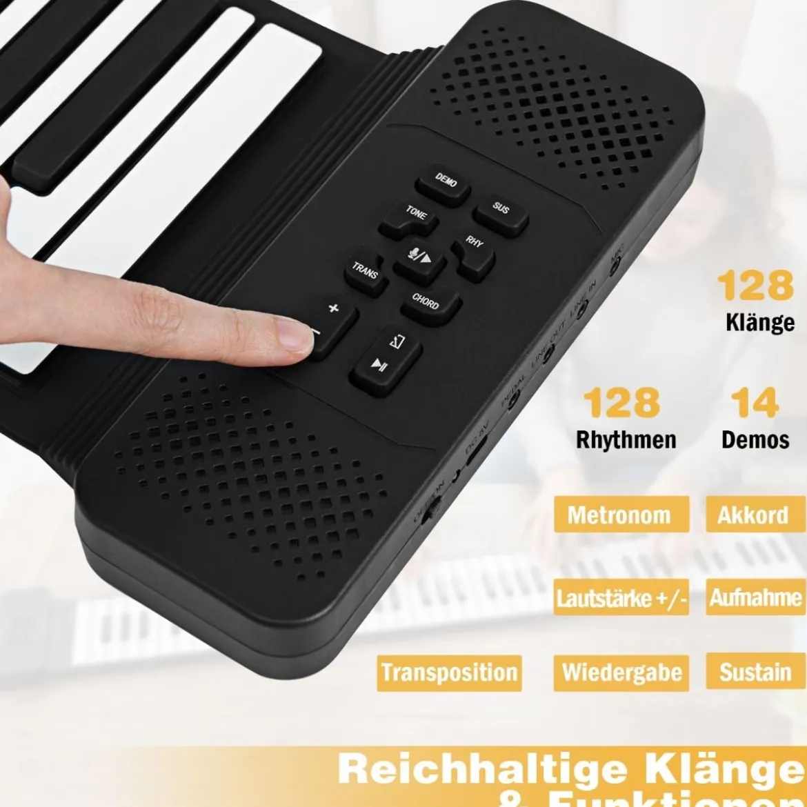 88 Tasten Roll-Up Klavier faltbares Klavierkeyboard mit 128 Rhythmen 128 Tönen & 14 Demos Schwarz + Weiß